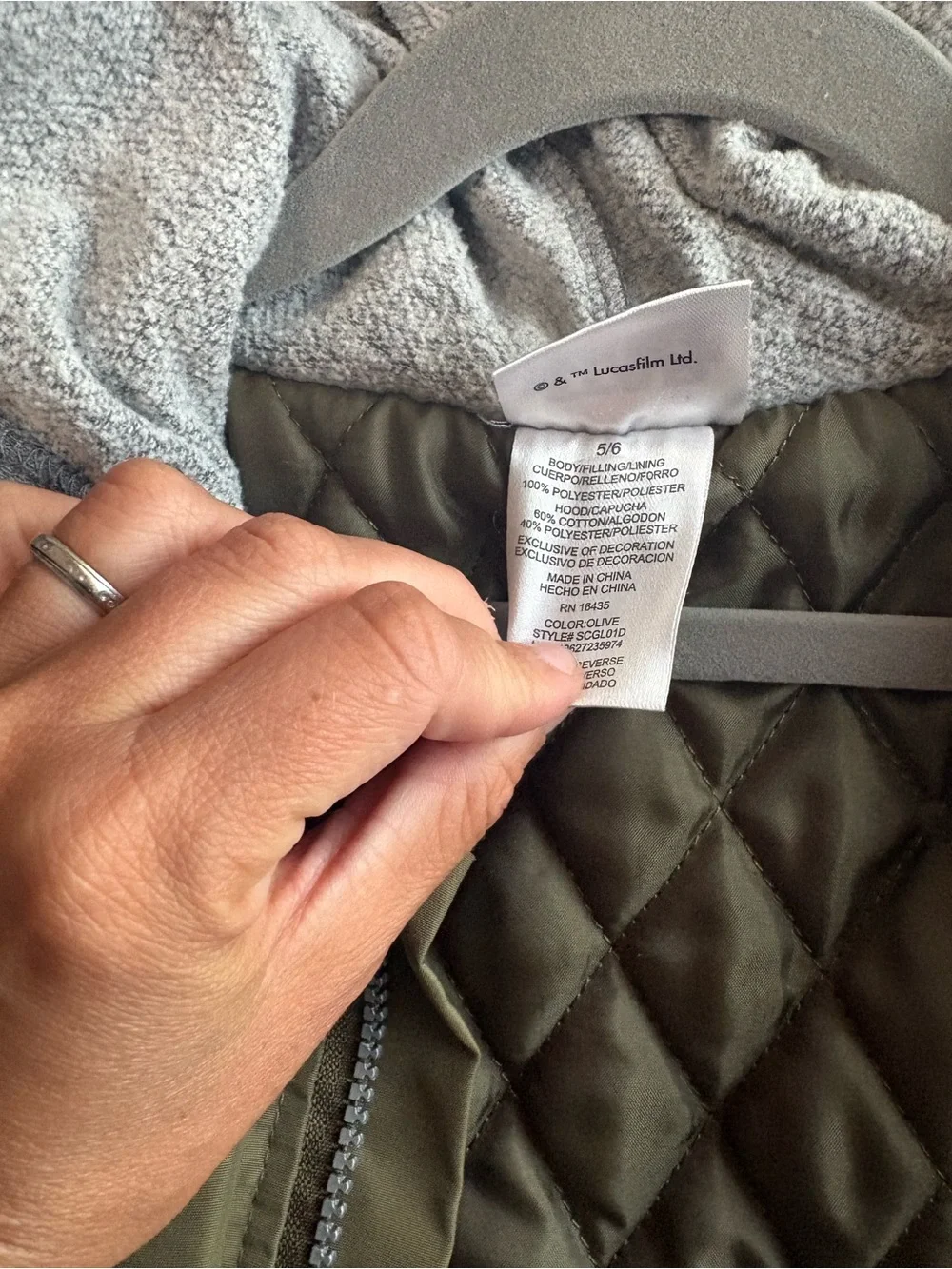 Star Wars Quilted Olive Green Jacket with Gray Hood Lining